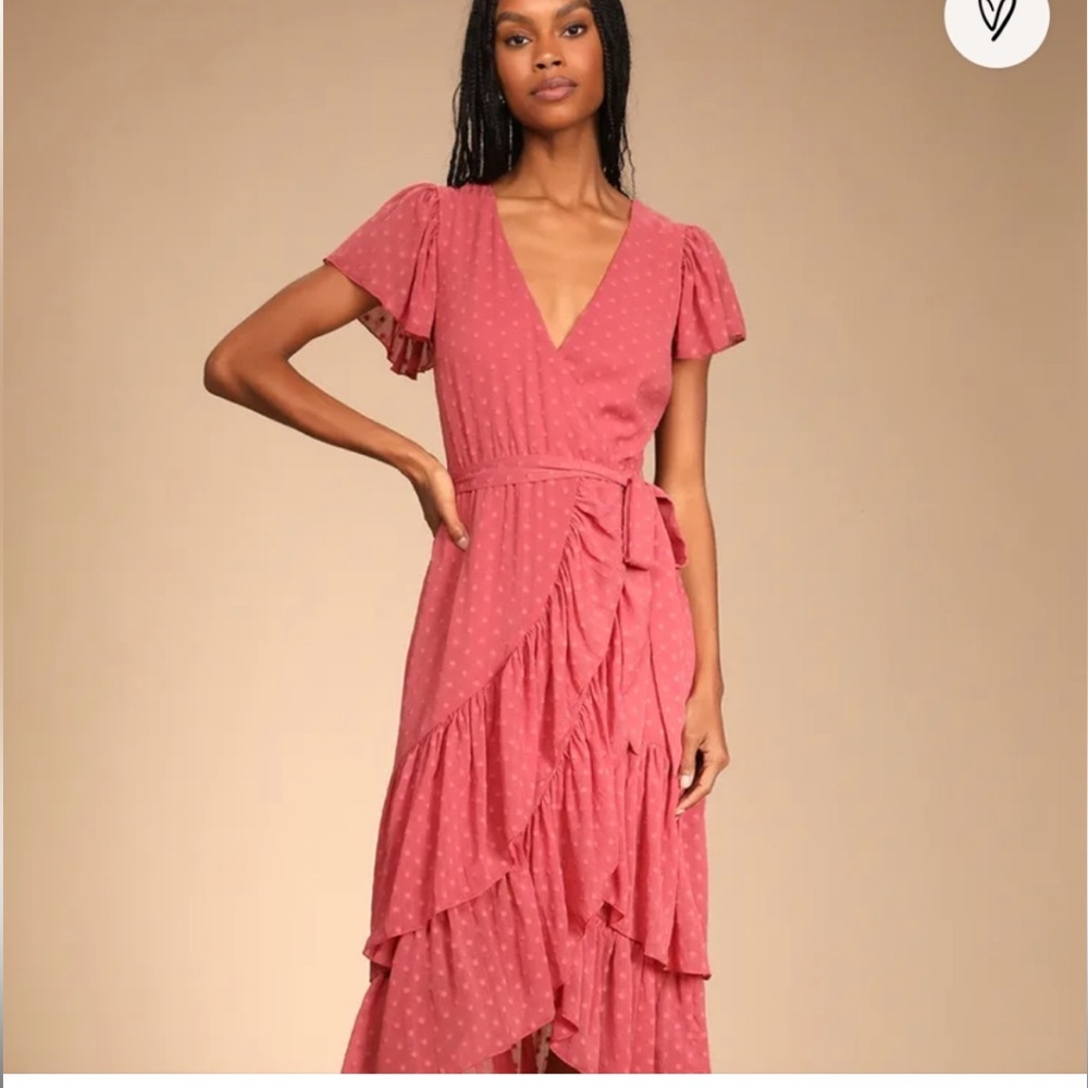 Lulus Mauve Have Harmony Swiss Dot Ruffled Faux Wrap Midi Dress - Picture 5 of 5